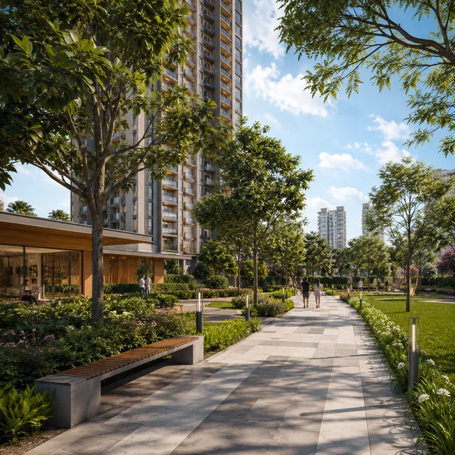 Arvind Sarjapur Road landscape spine - pedestrian park across the 5-acre site